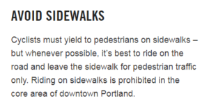 BIKETOWN website text telling users to "avoid sidewalks," which doesn't accurately represent Oregon bike law