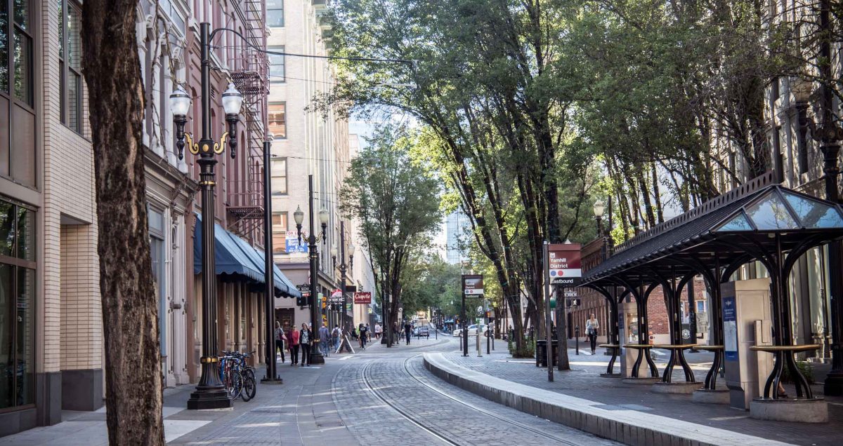 The MAX tracks in downtown Portland, Oregon