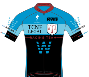 The TCNF.LEGAL racing team jersey, sponsored by Portland law firm Thomas, Coon, Newton and Frost and the Portland bike attorneys practicing there including Ray Thomas, Cynthia Newton, and Chris Thomas