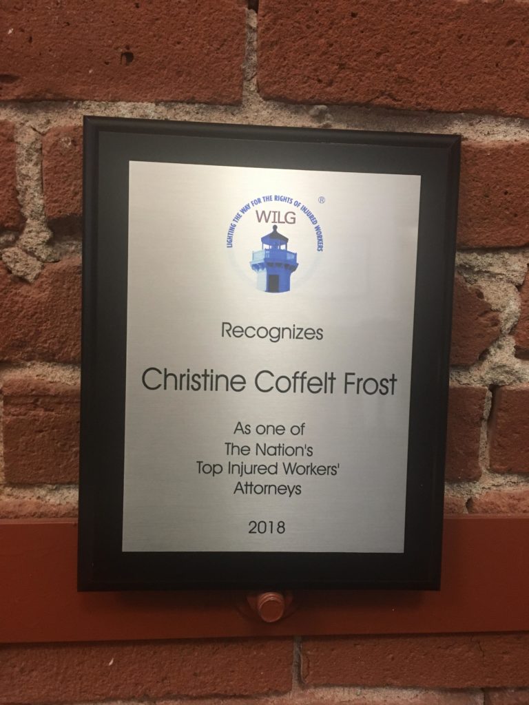 A WILG Award for Christine Frost recognizing her as one of the top injured workers' attorneys in 2018