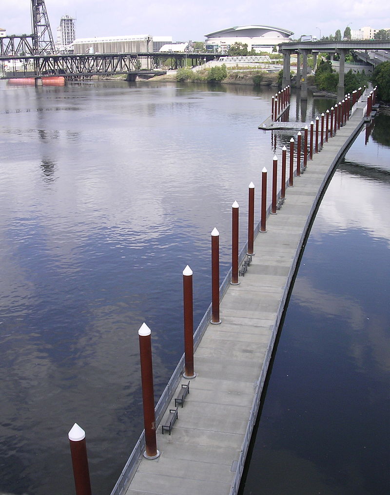 A floating section of the Eastbank Esplanade in Portland, OR, by Wikipedia User:Cacophony under CC BY 2.5