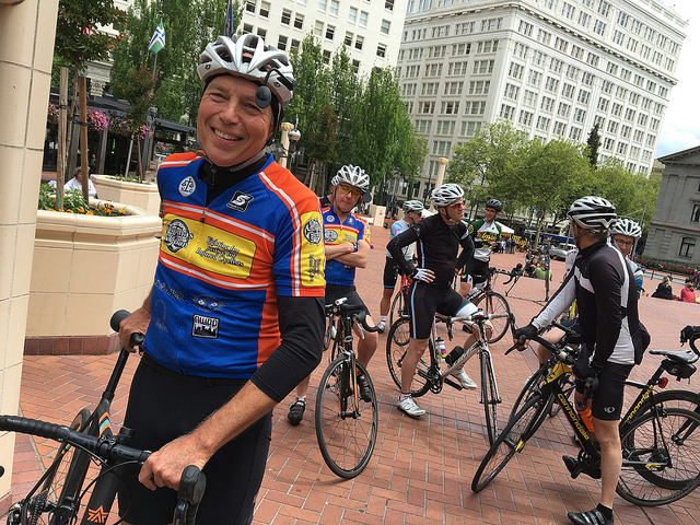 Ray Thomas and Jim Coon prepping for the Lawyer Ride; their firm, Thomas, Coon, Newton and Frost, specializes in bicycle law and pedestrian law alongside personal injury, workers' compensation, and Social Security