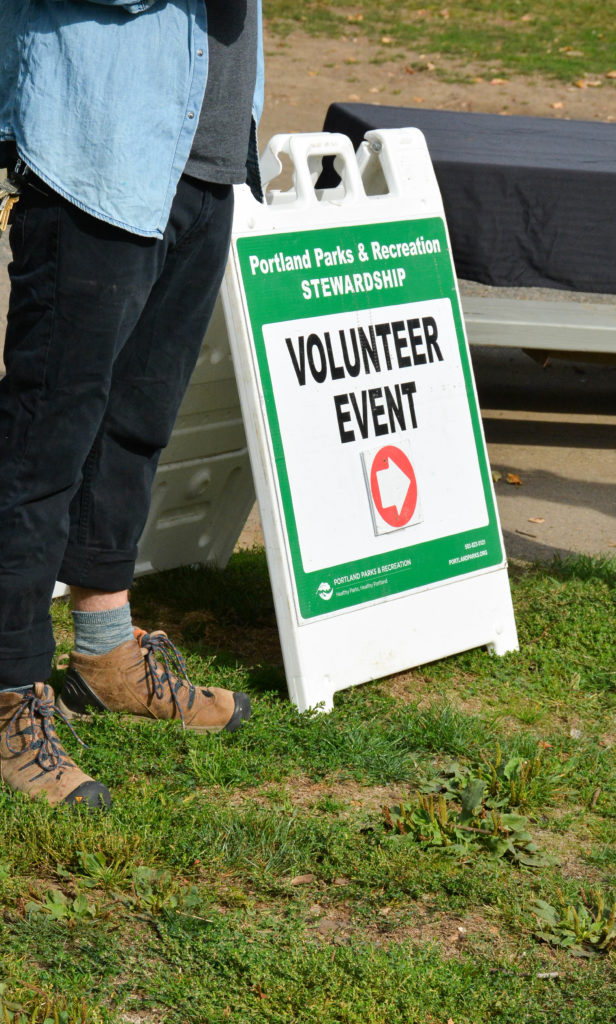 Sign saying "volunteer event"; this sign was posted at Sellwood Park during Thomas, Coon, Newton & Frost's recent Community Service Day with Portland Parks and Recreation